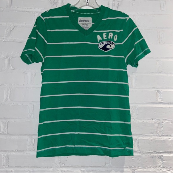Aeropostale Mens XL Fitted V-Neck Green Stripe Tee - Picture 1 of 5